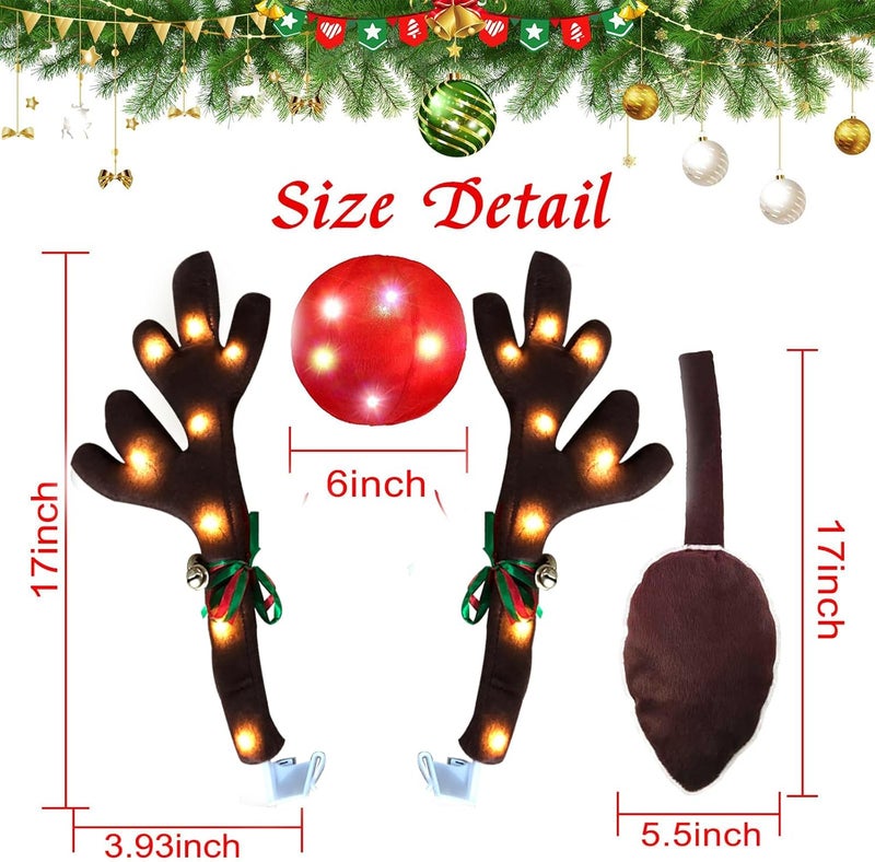 GlACBIUG Christmas Car Reindeer Antlers & Nose Tail Kit with Jingle Bells, 2025 Cute Rudolph Car Costume for SUV, Van, Truck - Warm Lights Auto Holiday Decor - Image 2